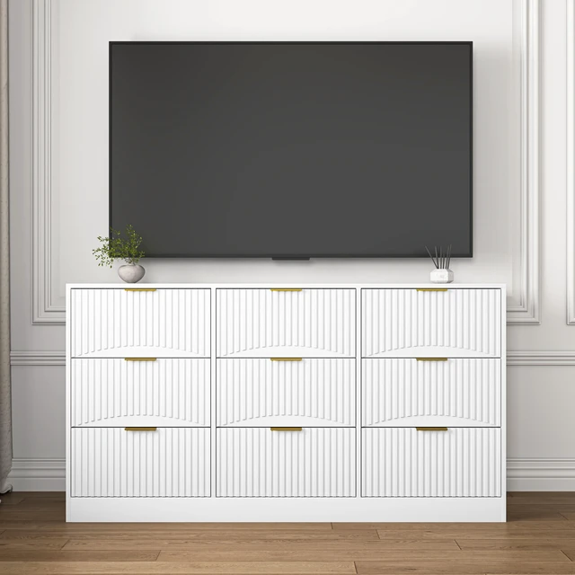 Alt view image 3 of 7 - White 9 Drawer Dresser, 63" Large Deep Chest of Drawers, Wooden Dresser Storage Cabinet with 9 Drawers for Bedroom, Long Dressers for Living Room, Hallway, Drawer panel with wavy patterns