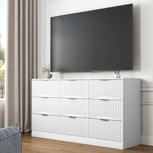 Alt view image 2 of 7 - White 9 Drawer Dresser, 63" Large Deep Chest of Drawers, Wooden Dresser Storage Cabinet with 9 Drawers for Bedroom, Long Dressers for Living Room, Hallway, Drawer panel with wavy patterns