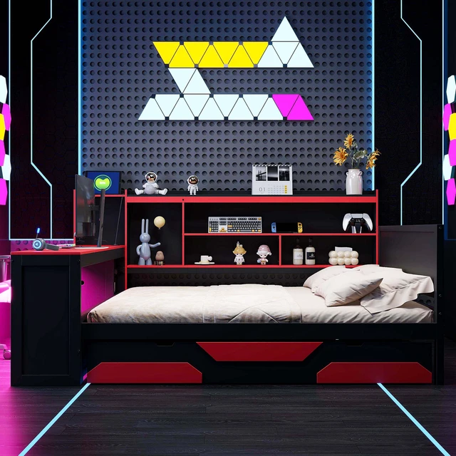 Alt view image 2 of 7 - Queen Size Gaming Daybed with Integrated Desk and Lights, Modern Wooden Bed Frame with 3 Storage Drawers and Built-in Charging Station, Multi-Functional Headboard Bookcase, Black+Red