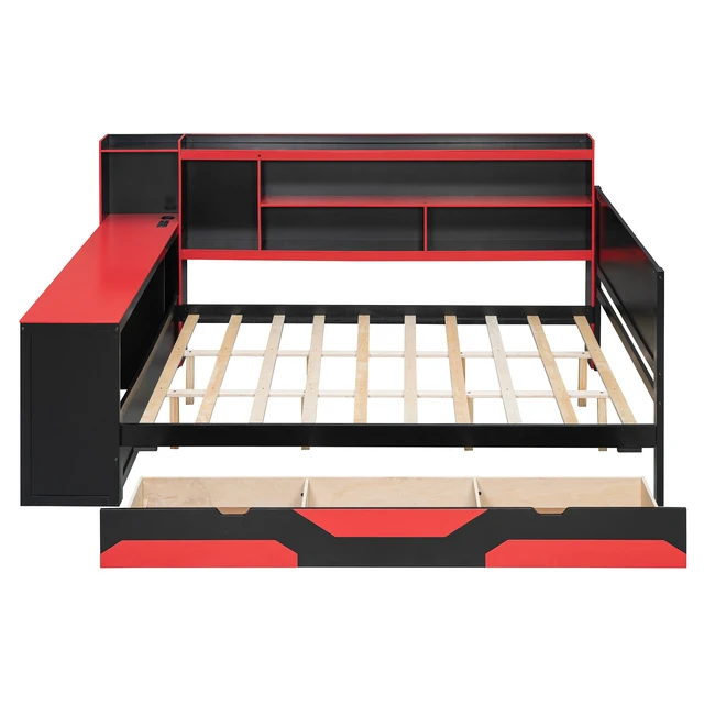 Alt view image 6 of 7 - Queen Size Gaming Daybed with Integrated Desk and Lights, Modern Wooden Bed Frame with 3 Storage Drawers and Built-in Charging Station, Multi-Functional Headboard Bookcase, Black+Red