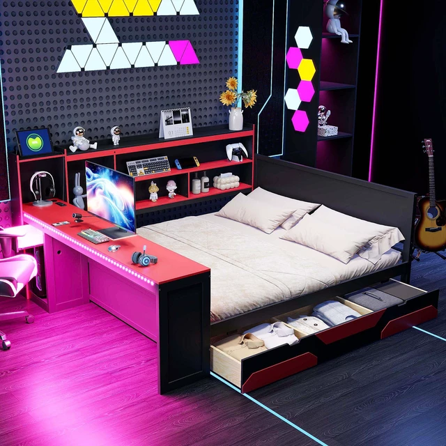 Main image of Queen Size Gaming Daybed with Integrated Desk and Lights, Modern Wooden Bed Frame with 3 Storage Drawers and Built-in Charging Station, Multi-Functional Headboard Bookcase, Black+Red
