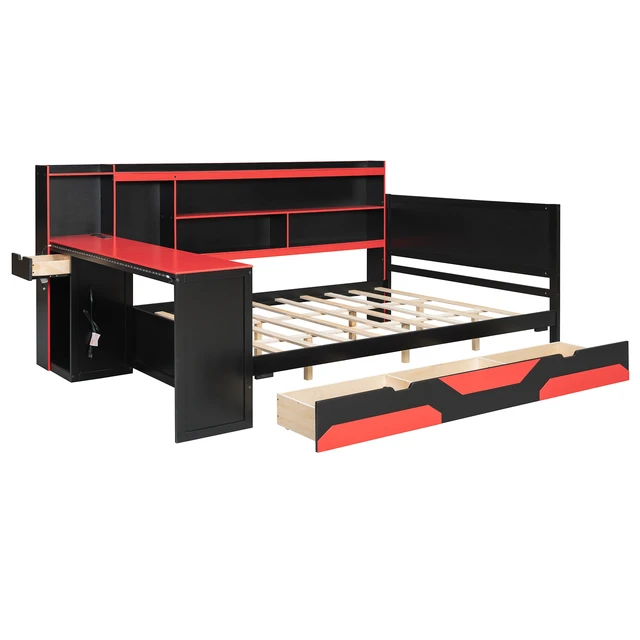 Alt view image 7 of 7 - Queen Size Gaming Daybed with Integrated Desk and Lights, Modern Wooden Bed Frame with 3 Storage Drawers and Built-in Charging Station, Multi-Functional Headboard Bookcase, Black+Red