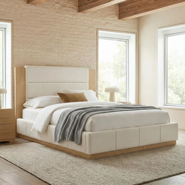 Main image of Upholstered Platform Bed Frame with Extended Wood Headboard, Modern Bed with Wood Base, No Box Spring Needed, Queen Size, White Boucle