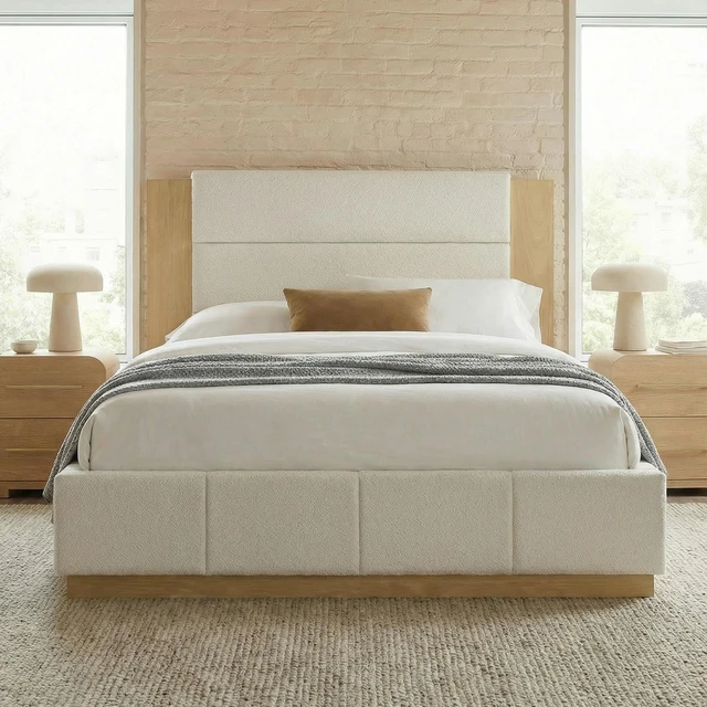 Alt view image 2 of 6 - Upholstered Platform Bed Frame with Extended Wood Headboard, Modern Bed with Wood Base, No Box Spring Needed, Queen Size, White Boucle