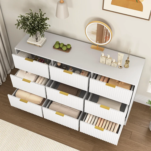 Alt view image 7 of 7 - White 9 Drawer Dresser, 63" Large Deep Chest of Drawers, Wooden Dresser Storage Cabinet with 9 Drawers for Bedroom, Long Dressers for Living Room, Hallway, Drawer panel with wavy patterns