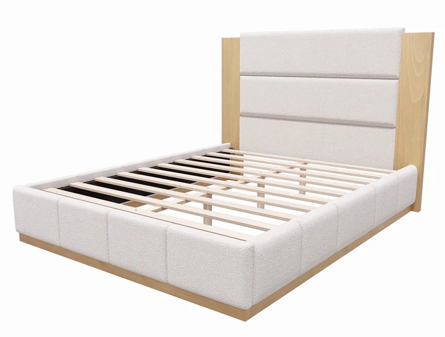 Alt view image 4 of 6 - Upholstered Platform Bed Frame with Extended Wood Headboard, Modern Bed with Wood Base, No Box Spring Needed, Queen Size, White Boucle