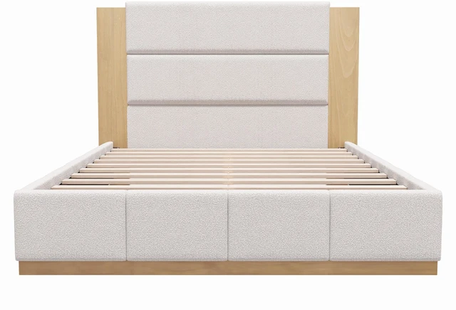 Alt view image 5 of 6 - Upholstered Platform Bed Frame with Extended Wood Headboard, Modern Bed with Wood Base, No Box Spring Needed, Queen Size, White Boucle
