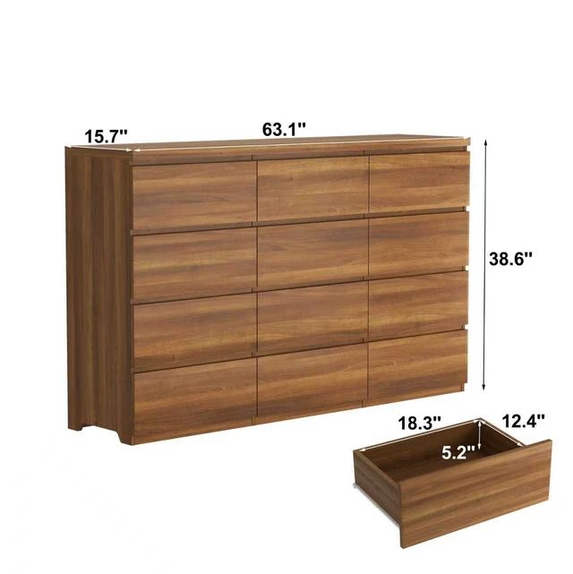 Alt view image 2 of 7 - 12 Drawers Double Dresser, Modern Wood Dresser Chest of Drawers with Large Storage Space for Bedroom, Walnut