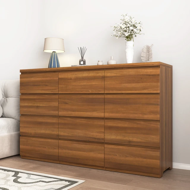 Alt view image 4 of 7 - 12 Drawers Double Dresser, Modern Wood Dresser Chest of Drawers with Large Storage Space for Bedroom, Walnut