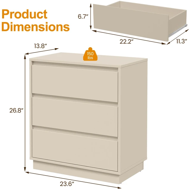 Alt view image 2 of 7 - Large 3 Drawer Dresser Set of 2, Modern Nightstand for Bedroom, Wide Bedside Table with Hidden Pull-out System, Wooden Chest of Drawers for Living Room, Entryway, Beige
