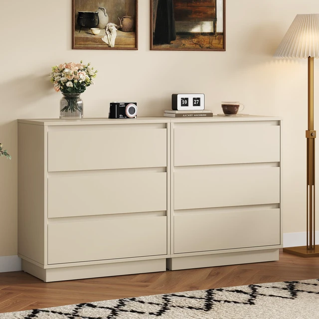 Main image of Large 3 Drawer Dresser Set of 2, Modern Nightstand for Bedroom, Wide Bedside Table with Hidden Pull-out System, Wooden Chest of Drawers for Living Room, Entryway, Beige
