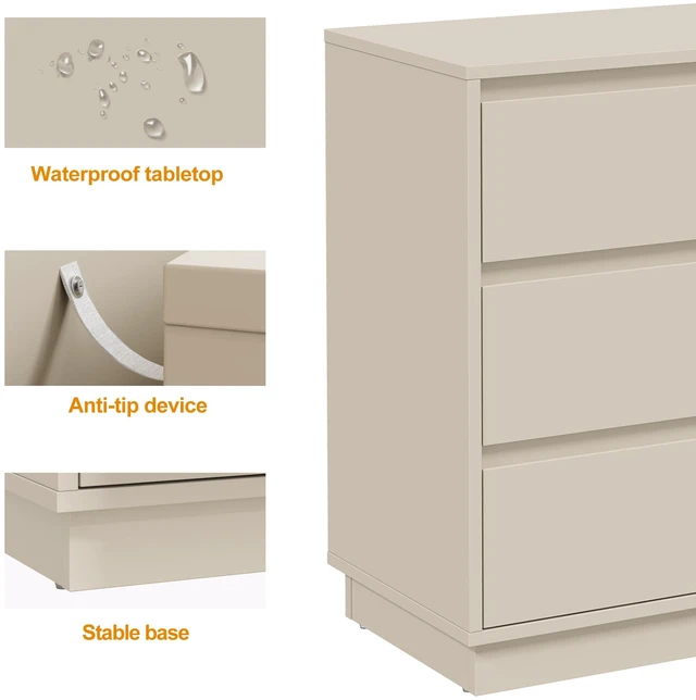 Alt view image 5 of 7 - Large 3 Drawer Dresser Set of 2, Modern Nightstand for Bedroom, Wide Bedside Table with Hidden Pull-out System, Wooden Chest of Drawers for Living Room, Entryway, Beige