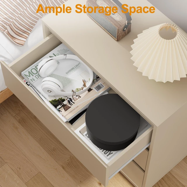 Alt view image 3 of 7 - Large 3 Drawer Dresser Set of 2, Modern Nightstand for Bedroom, Wide Bedside Table with Hidden Pull-out System, Wooden Chest of Drawers for Living Room, Entryway, Beige
