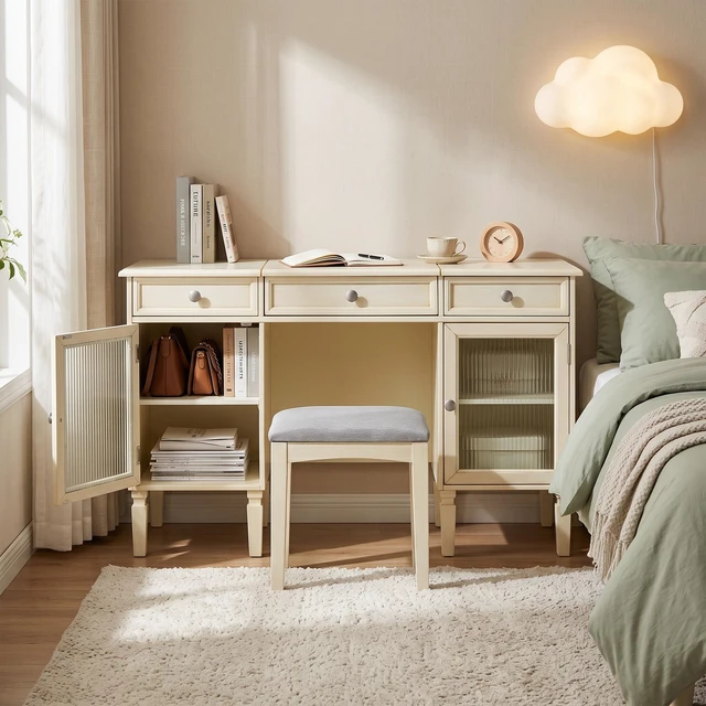 Alt view image 2 of 7 - 2-in-1 Makeup Vanity Desk with Flip-Top Mirror & Stool, Farmhouse Dressing Table Set with Reeded Glass Cabinets & Drawers, Multi-Purpose Desk, Dressing Room, Bedroom, Living Room, White Oak