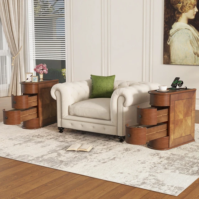Alt view image 5 of 7 - End Table with Charging Station,Sofa Side Table with Drawers, No Assembly Required