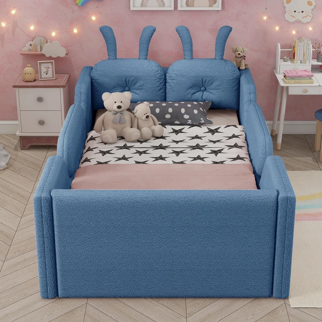 Alt view image 2 of 7 - Twin Size Upholstered Platform Bed with Rabbit Cushion, Kids Floor Upholstered Bed with Removable Side Rails, Blue