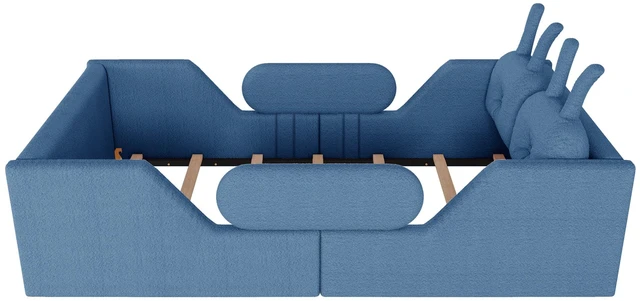 Alt view image 5 of 7 - Twin Size Upholstered Platform Bed with Rabbit Cushion, Kids Floor Upholstered Bed with Removable Side Rails, Blue