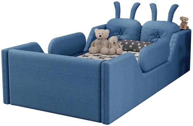 Alt view image 7 of 7 - Twin Size Upholstered Platform Bed with Rabbit Cushion, Kids Floor Upholstered Bed with Removable Side Rails, Blue