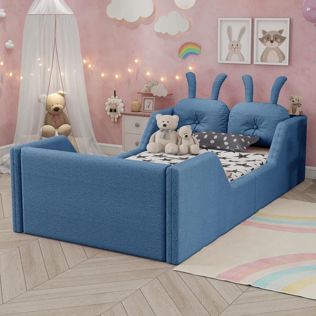 Alt view image 3 of 7 - Twin Size Upholstered Platform Bed with Rabbit Cushion, Kids Floor Upholstered Bed with Removable Side Rails, Blue