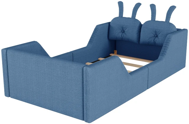 Alt view image 6 of 7 - Twin Size Upholstered Platform Bed with Rabbit Cushion, Kids Floor Upholstered Bed with Removable Side Rails, Blue