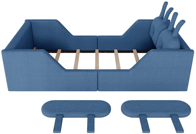 Alt view image 4 of 7 - Twin Size Upholstered Platform Bed with Rabbit Cushion, Kids Floor Upholstered Bed with Removable Side Rails, Blue