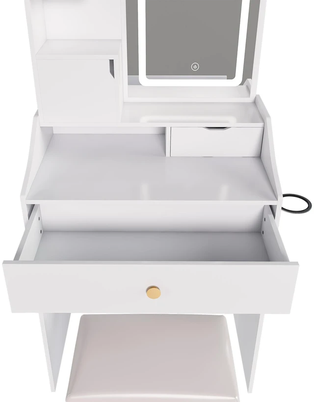 Alt view image 2 of 7 - {Old:W2700P457870}3-Color LED Vanity Mirror with Stool, Dressing Table for Bedroom, 2 Drawers & 5 Storage Cabinets (4 Open + 1 Hidden), Adjustable Lighting (White)