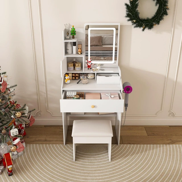 Main image of {Old:W2700P457870}3-Color LED Vanity Mirror with Stool, Dressing Table for Bedroom, 2 Drawers & 5 Storage Cabinets (4 Open + 1 Hidden), Adjustable Lighting (White)