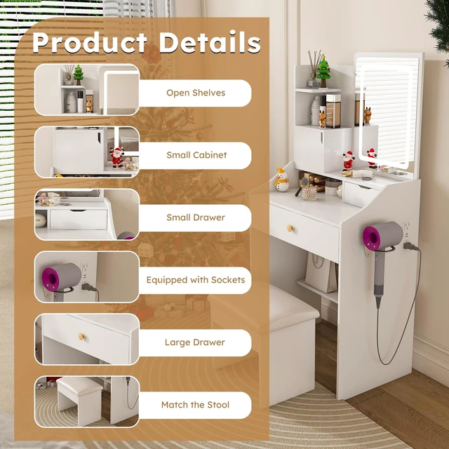 Alt view image 3 of 7 - {Old:W2700P457870}3-Color LED Vanity Mirror with Stool, Dressing Table for Bedroom, 2 Drawers & 5 Storage Cabinets (4 Open + 1 Hidden), Adjustable Lighting (White)