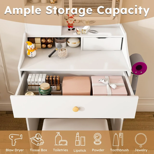 Alt view image 6 of 7 - {Old:W2700P457870}3-Color LED Vanity Mirror with Stool, Dressing Table for Bedroom, 2 Drawers & 5 Storage Cabinets (4 Open + 1 Hidden), Adjustable Lighting (White)