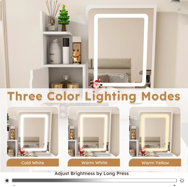 Alt view image 4 of 7 - {Old:W2700P457870}3-Color LED Vanity Mirror with Stool, Dressing Table for Bedroom, 2 Drawers & 5 Storage Cabinets (4 Open + 1 Hidden), Adjustable Lighting (White)