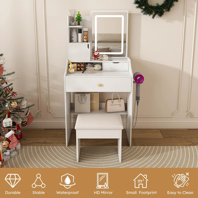 Alt view image 5 of 7 - {Old:W2700P457870}3-Color LED Vanity Mirror with Stool, Dressing Table for Bedroom, 2 Drawers & 5 Storage Cabinets (4 Open + 1 Hidden), Adjustable Lighting (White)