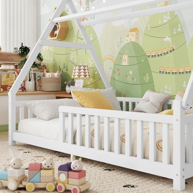 Alt view image 4 of 7 - Full House Bed with Light, Low Floor House Bed with Fence and Roof for Kids Boys Girls,White(Expect arrive date 2026/4/2 Old SKU W2593P296919)