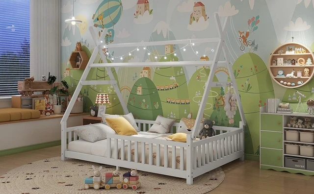 Alt view image 7 of 7 - Full House Bed with Light, Low Floor House Bed with Fence and Roof for Kids Boys Girls,White(Expect arrive date 2026/4/2 Old SKU W2593P296919)