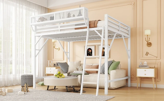 Alt view image 7 of 7 - Full Size Loft Bed with Ladder, Metal Full Loft Bed with Storage Shelves, High Loft Bed for Kids Teens, White