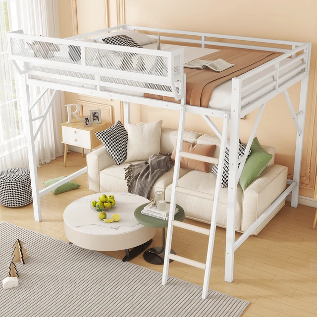 Alt view image 3 of 7 - Full Size Loft Bed with Ladder, Metal Full Loft Bed with Storage Shelves, High Loft Bed for Kids Teens, White