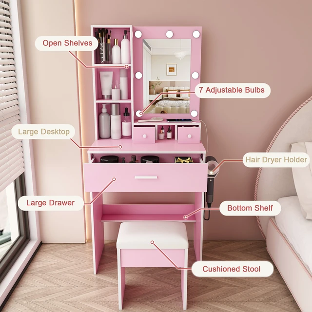 Alt view image 4 of 7 - Vanity Table with Mirror & Adjustable LED Lights, Power Outlet, Hairdryer Holder & Stool Compact Dressing Desk for Small Bedrooms (Pink)
