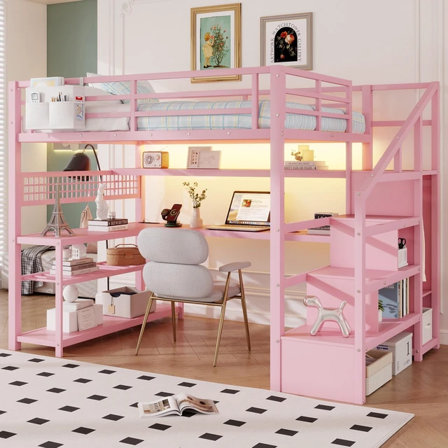 Alt view image 2 of 7 - Full Size Loft Bed with Staircase and Wardrobe, Metal Loft Bed with Desk, Storage Shelves, LED Lights and Charge Station, Pink