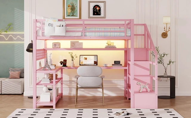 Alt view image 7 of 7 - Full Size Loft Bed with Staircase and Wardrobe, Metal Loft Bed with Desk, Storage Shelves, LED Lights and Charge Station, Pink