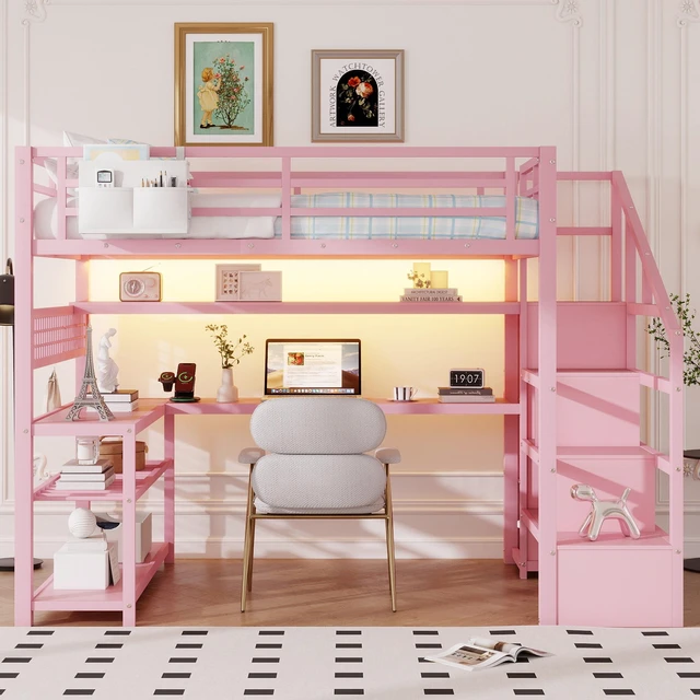 Alt view image 4 of 7 - Full Size Loft Bed with Staircase and Wardrobe, Metal Loft Bed with Desk, Storage Shelves, LED Lights and Charge Station, Pink