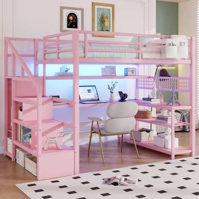 Alt view image 3 of 7 - Full Size Loft Bed with Staircase and Wardrobe, Metal Loft Bed with Desk, Storage Shelves, LED Lights and Charge Station, Pink