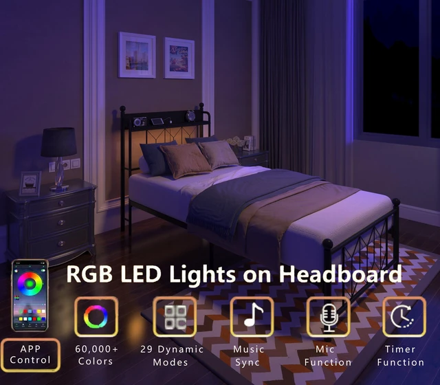 Alt view image 2 of 7 - Twin Bed Frames , Headboard and Charging Station & LED Light for Bedroom, Solid and Stable, Noise Free, No Box Spring Needed, Easy Assembly