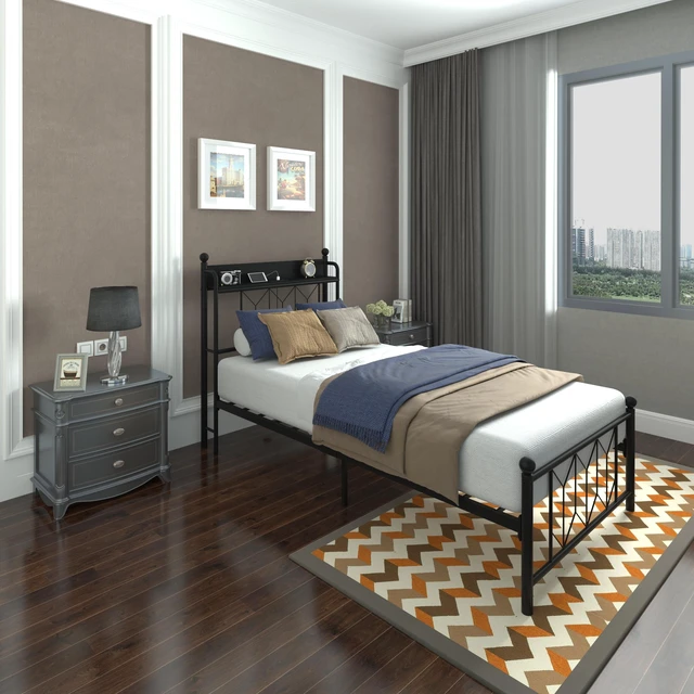 Main image of Twin Bed Frames , Headboard and Charging Station & LED Light for Bedroom, Solid and Stable, Noise Free, No Box Spring Needed, Easy Assembly