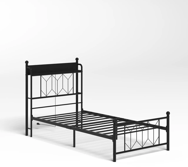 Alt view image 6 of 7 - Twin Bed Frames , Headboard and Charging Station & LED Light for Bedroom, Solid and Stable, Noise Free, No Box Spring Needed, Easy Assembly