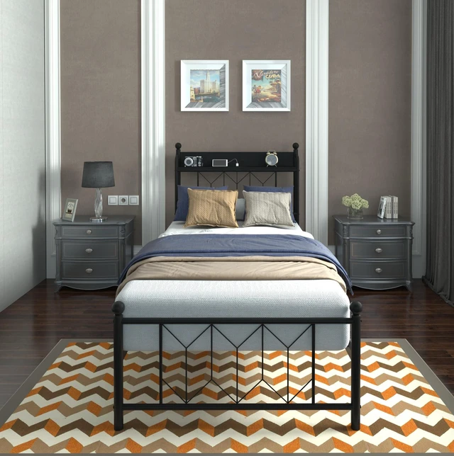 Alt view image 4 of 7 - Twin Bed Frames , Headboard and Charging Station & LED Light for Bedroom, Solid and Stable, Noise Free, No Box Spring Needed, Easy Assembly