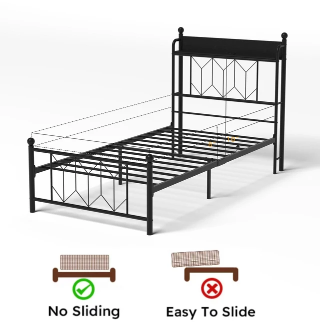 Alt view image 3 of 7 - Twin Bed Frames , Headboard and Charging Station & LED Light for Bedroom, Solid and Stable, Noise Free, No Box Spring Needed, Easy Assembly