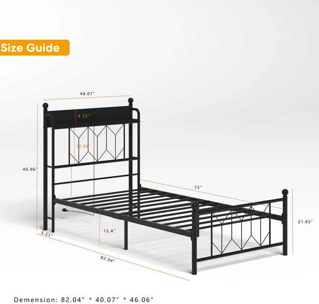 Alt view image 5 of 7 - Twin Bed Frames , Headboard and Charging Station & LED Light for Bedroom, Solid and Stable, Noise Free, No Box Spring Needed, Easy Assembly
