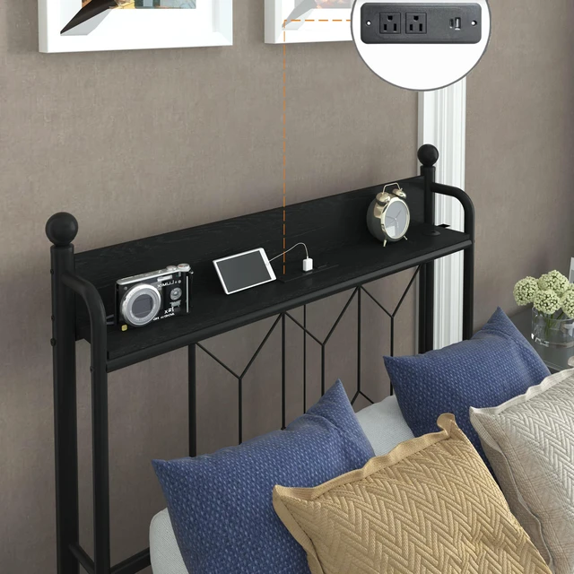Alt view image 7 of 7 - Twin Bed Frames , Headboard and Charging Station & LED Light for Bedroom, Solid and Stable, Noise Free, No Box Spring Needed, Easy Assembly