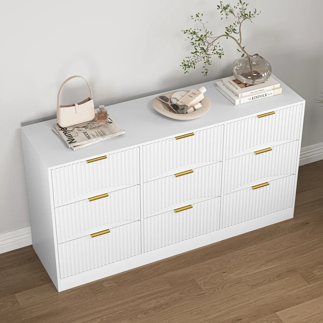 Alt view image 5 of 7 - White 9 Drawer Dresser, 63" Large Deep Chest of Drawers, Wooden Dresser Storage Cabinet with 9 Drawers for Bedroom, Long Dressers for Living Room, Hallway, Drawer panel with wavy patterns