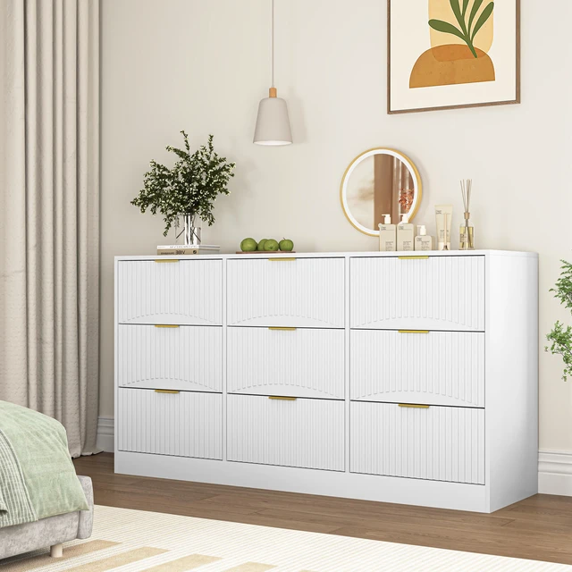 Alt view image 6 of 7 - White 9 Drawer Dresser, 63" Large Deep Chest of Drawers, Wooden Dresser Storage Cabinet with 9 Drawers for Bedroom, Long Dressers for Living Room, Hallway, Drawer panel with wavy patterns