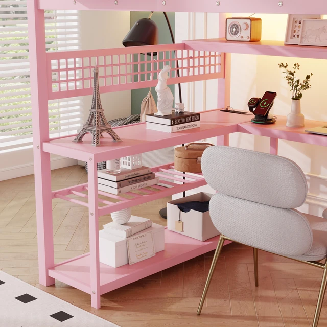 Alt view image 6 of 7 - Full Size Loft Bed with Staircase and Wardrobe, Metal Loft Bed with Desk, Storage Shelves, LED Lights and Charge Station, Pink